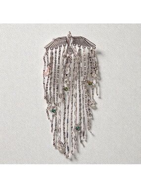 Free People Silver Bird Fringe Brooch with Green and Pink Beads